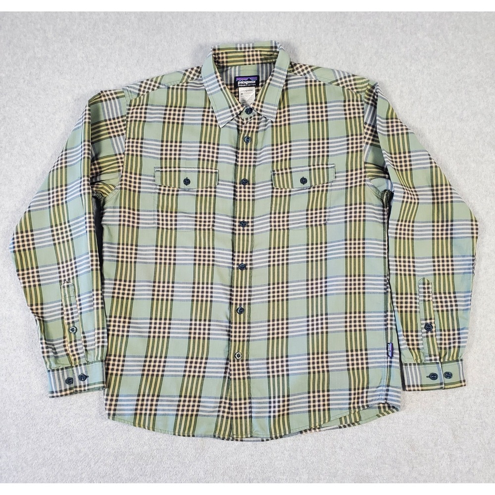 Patagonia Shirt Mens Med Organic Cotton Long Sleeve Plaid Button Down Green Blue